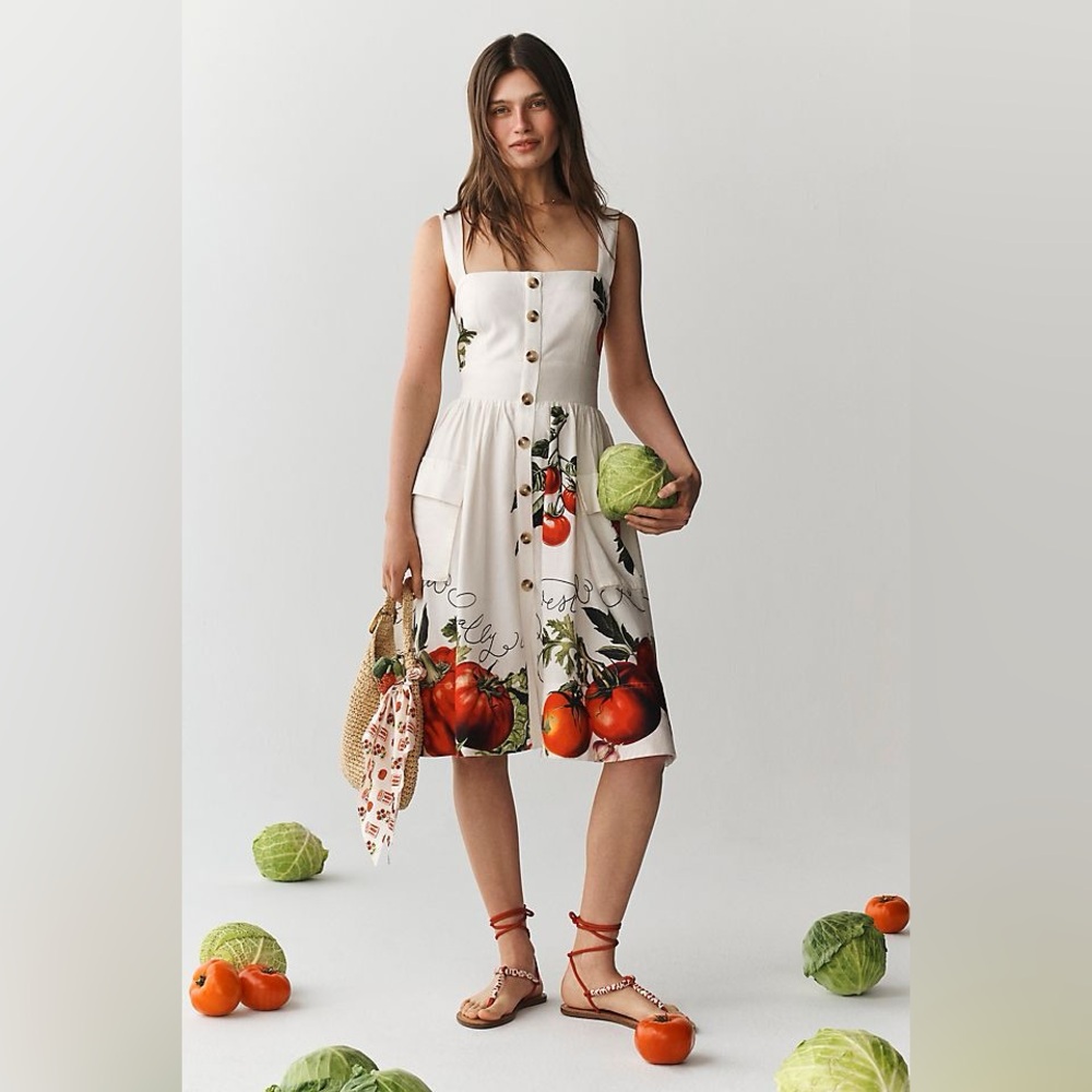 Anthropologie White Midi Dress with Tomato & Green Foliage Print